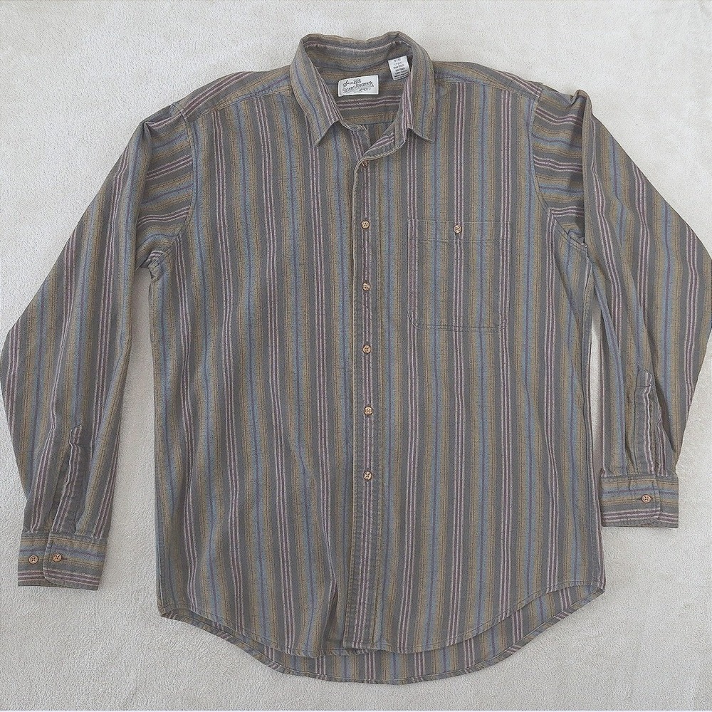Sears Roebuck Button Down Shirt Vintage Striped Cotton Large Tall Brown Multi
